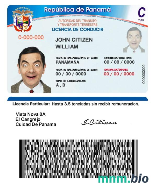 Szablon prawa jazdy Panama w formacie PSD, ze wszystkimi czcionkami